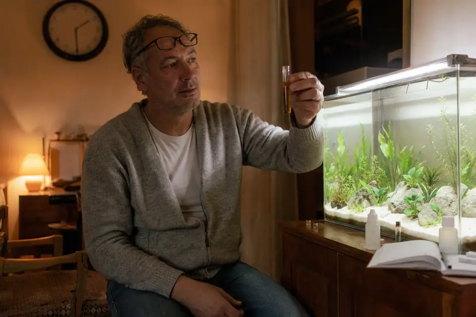 Un homme en gilet gris lève un tube de test d’eau teintée près d’un aquarium planté encore sans poissons, flacons et carnet posés sur le meuble.