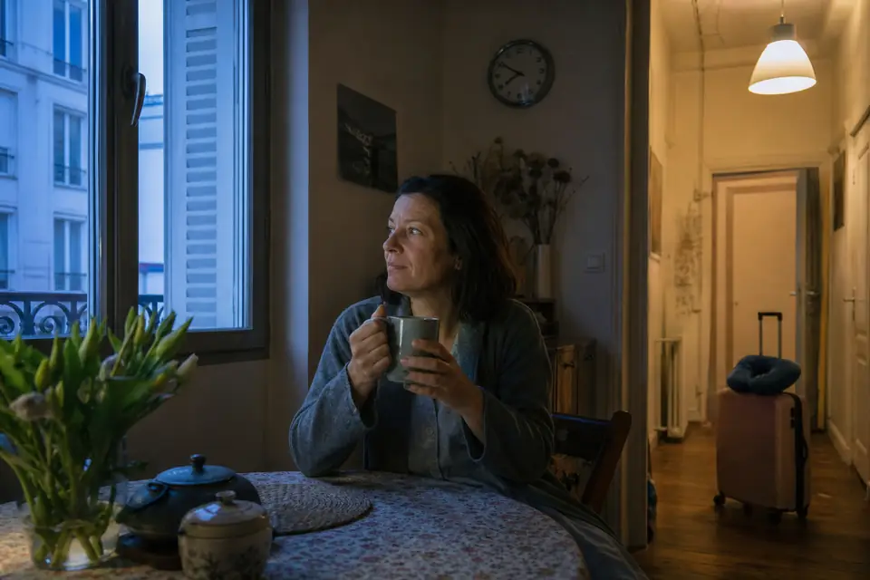 Une femme en gilet, réveillée avant l’aube, boit une tisane à la table de sa cuisine, une valise à moitié défaite dans le couloir derrière elle.