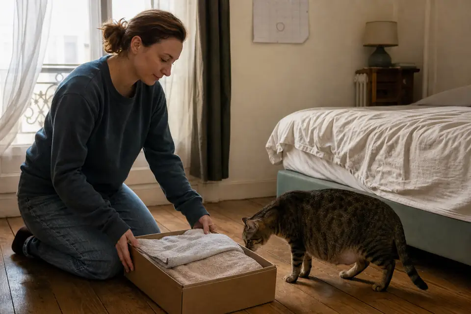 Une femme pose une caisse en carton garnie de vieilles serviettes dans un coin calme, près d’une chatte tigrée au ventre bien rond.